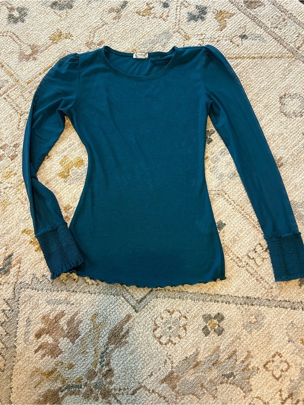 Free People Teal Long Sleeve Ribbed Top with Smocked Cuffs
